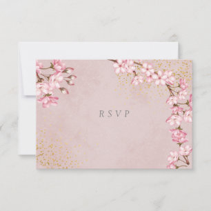 Pink Cherry Blossoms Gold Glitter Wedding RSVP Card