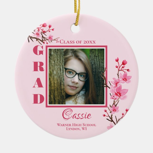 Pink Cherry Blossoms Graduation Commemorative Ceramic Ornament (Front)