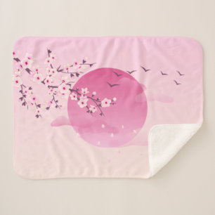Pink Cherry Blossoms Japanese Landscape Sherpa Blanket