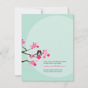 Pink Cherry Blossoms Love Birds Wedding Reception Invitation