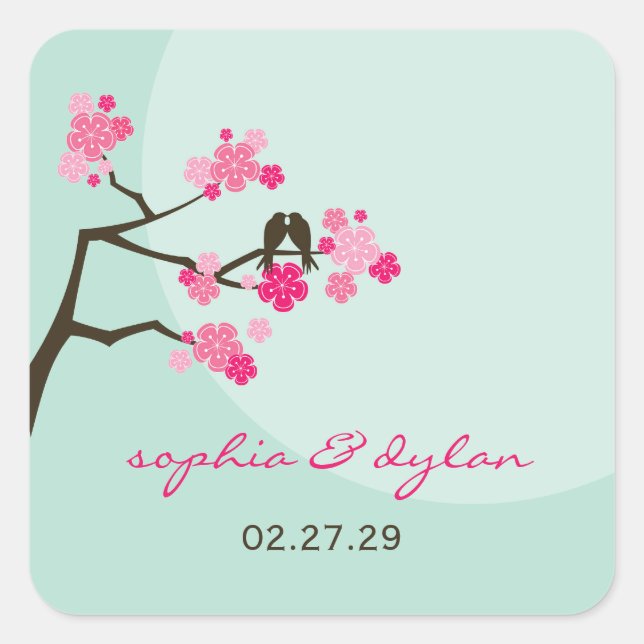 Pink Cherry Blossoms Love Birds Wedding Sticker (Front)
