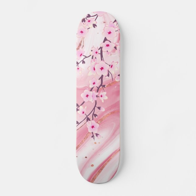 Pink Cherry Blossoms Marble Background Floral Skateboard (Front)