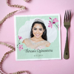 Pink Cherry Blossoms, Mint Green, Photo  Napkin