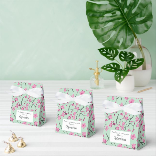 Pink Cherry Blossoms, Mint Green Quinceanera Favour Box (Multiple)