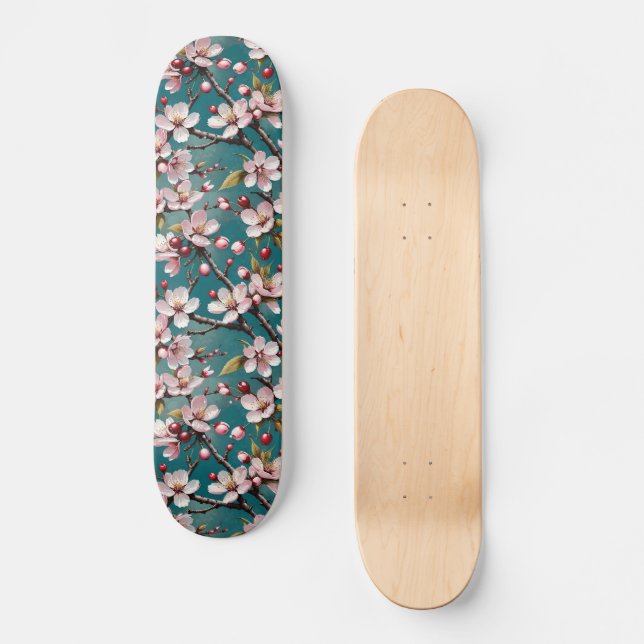 Pink Cherry Blossoms on a Moody Teal Background Skateboard (Front)