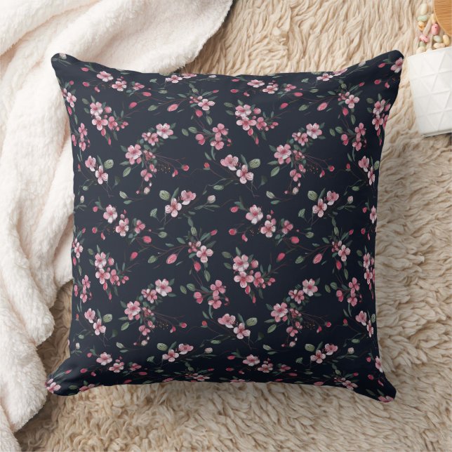 Pink cherry blossoms on a navy blue pattern cushion (Blanket)