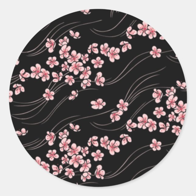 Pink Cherry Blossoms on Black Classic Round Sticker (Front)