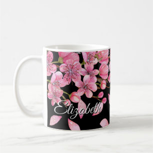 Pink Cherry Blossoms On Black Coffee Mug