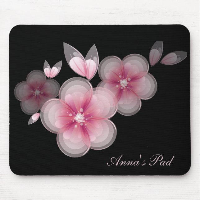 Pink Cherry Blossoms On Black Mouse Pad (Front)