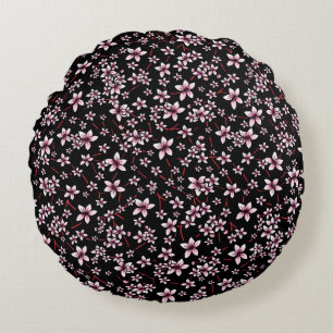 Pink Cherry Blossoms On Black Round Cushion