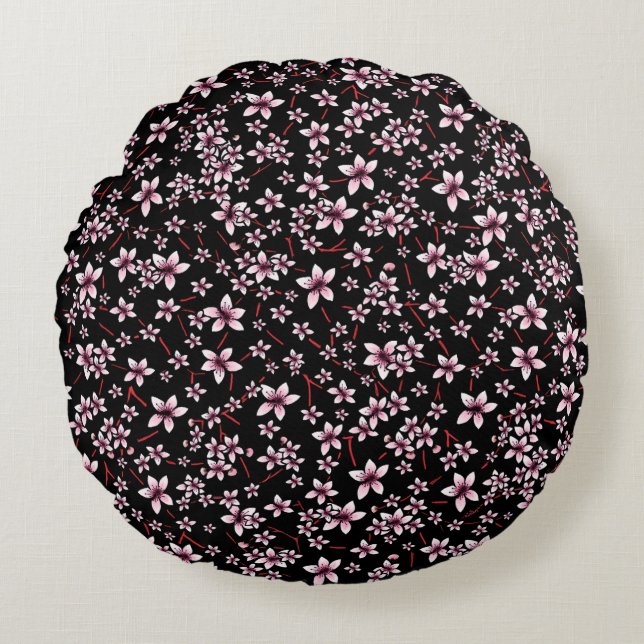 Pink Cherry Blossoms On Black Round Cushion (Front)