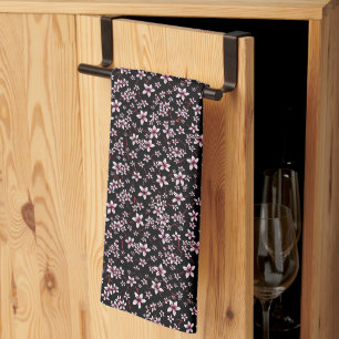 Pink Cherry Blossoms On Black Tea Towel