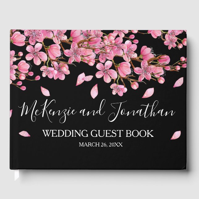 Pink Cherry Blossoms On Black Wedding Guest Book (Front)