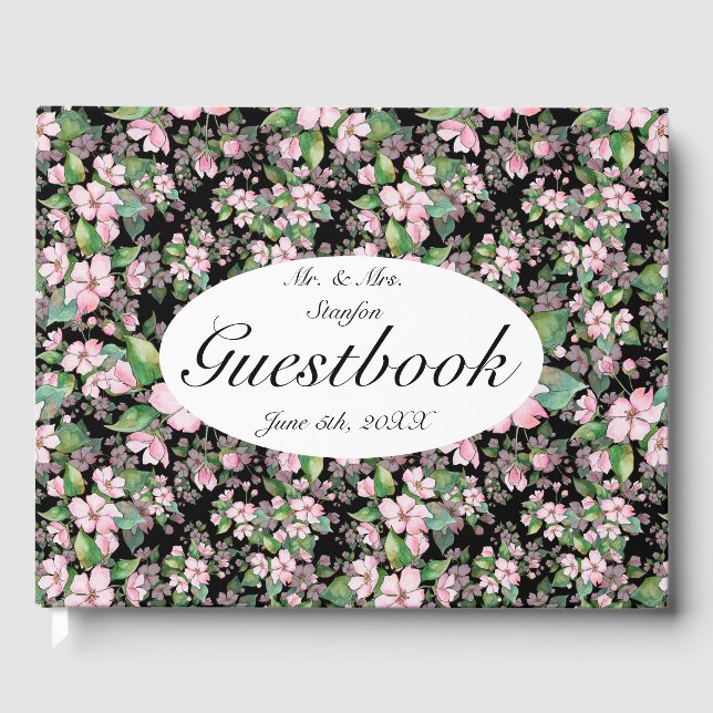 Pink Cherry Blossoms On Black Wedding Guest Book (Front)