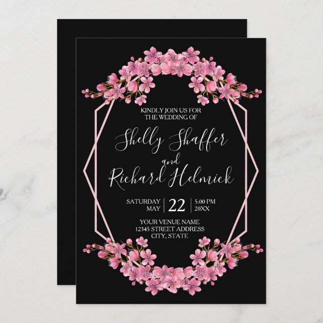 Pink Cherry Blossoms On Black Wedding Invitation (Front/Back)