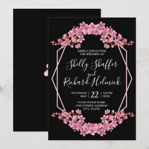 Pink Cherry Blossoms On Black Wedding Invitation