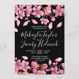 Pink Cherry Blossoms On Black Wedding Invitation