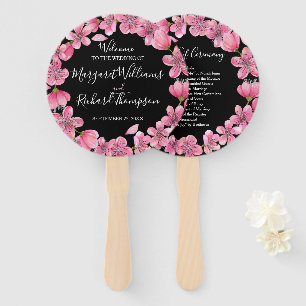 Pink Cherry Blossoms On Black Wedding Program Hand Fan