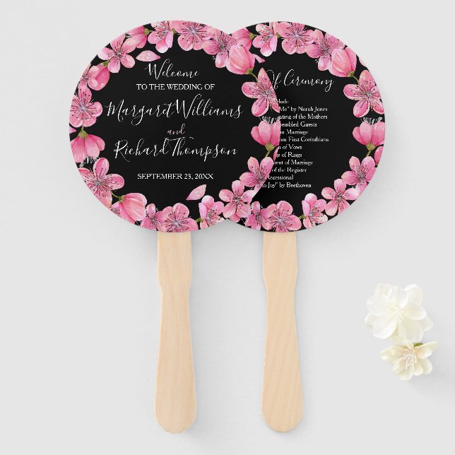 Pink Cherry Blossoms On Black Wedding Program Hand Fan (Front and Back)