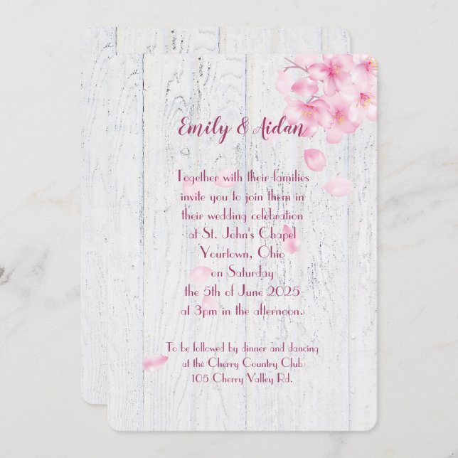 pink cherry blossoms on wood wedding invitation (Front/Back)