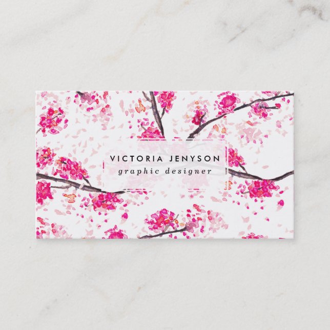 Pink cherry blossoms Oriental Sakura watercolor Business Card (Front)