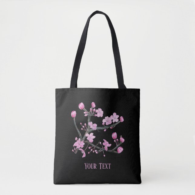 Pink Cherry Blossoms Personalised Black Tote Bag (Front)