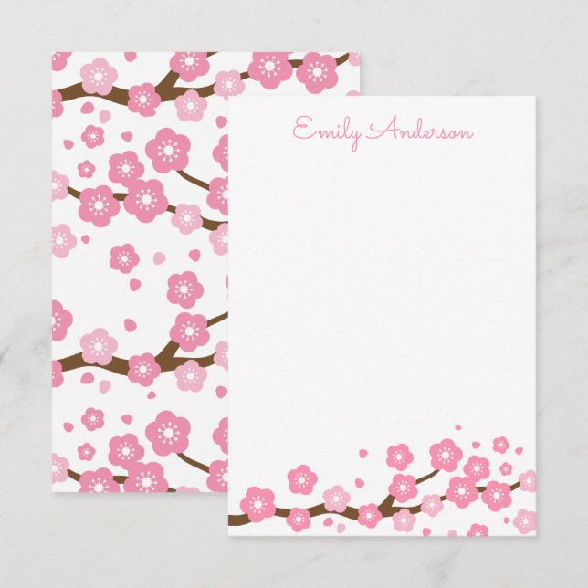 Pink Cherry Blossoms Personalised Note Cards (Front/Back)