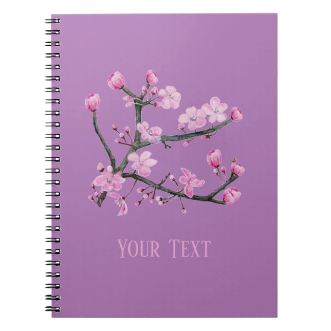 Pink Cherry Blossoms Personalised Purple Notebook (Front)