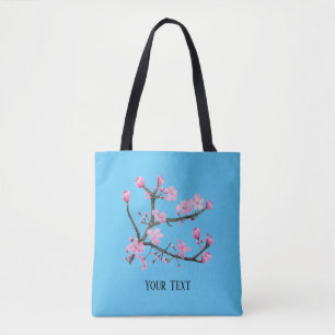 Pink Cherry Blossoms Personalised Sky Blue Tote Bag