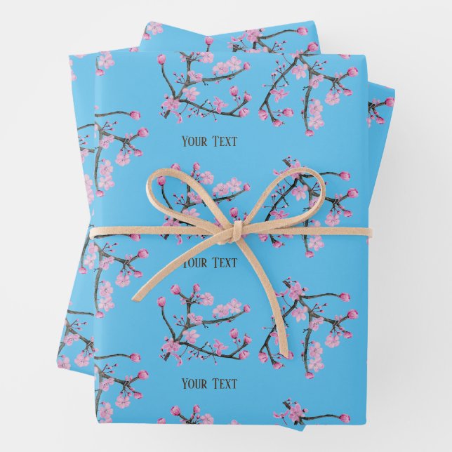 Pink Cherry Blossoms Personalised Sky Blue Wrapping Paper Sheet (In situ)