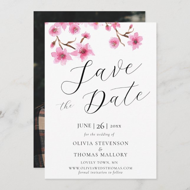 Pink Cherry Blossoms Photo Wedding Save the Date Invitation (Front/Back)
