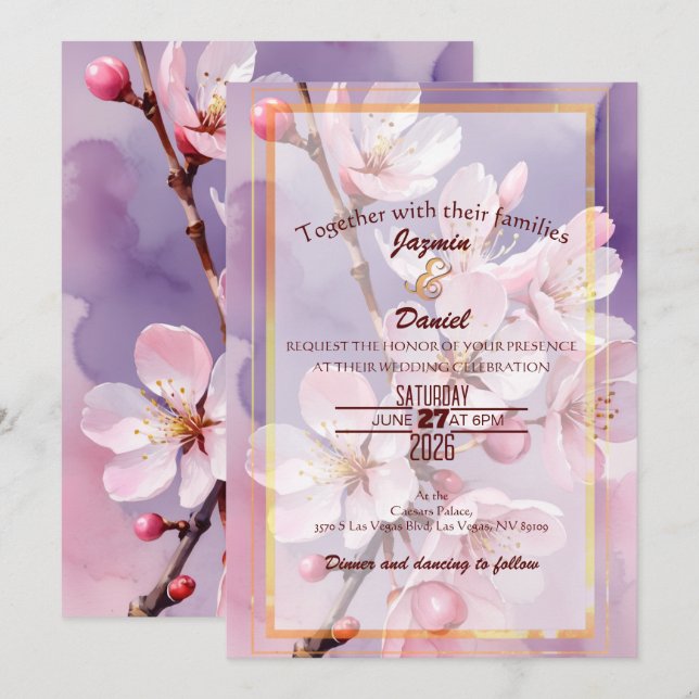 Pink Cherry Blossoms Pink- Lavender Invitation (Front/Back)