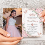 Pink Cherry Blossoms Rose Gold Quinceañera Photo Invitation<br><div class="desc">Personalise this pretty cherry blossoms Quinceañera / Sweet 16 birthday photo invitation easily and quickly. Simply click the customise it further button to edit the texts, change fonts and fonts colours. Featuring beautiful watercolor cherry blossoms flowers, rose gold butterflies and a rose gold geometric frame. Matching items available in store....</div>