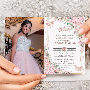 Pink Cherry Blossoms Rose Gold Quinceañera Photo Invitation