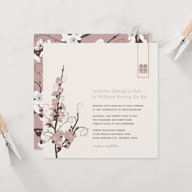 Pink Cherry Blossoms Sakura Swirls Asian Wedding Invitation (Front/Back In Situ)