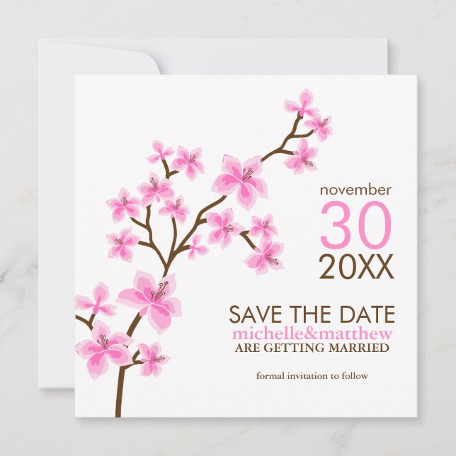 Pink Cherry Blossoms Save the Date Announcements (Front)