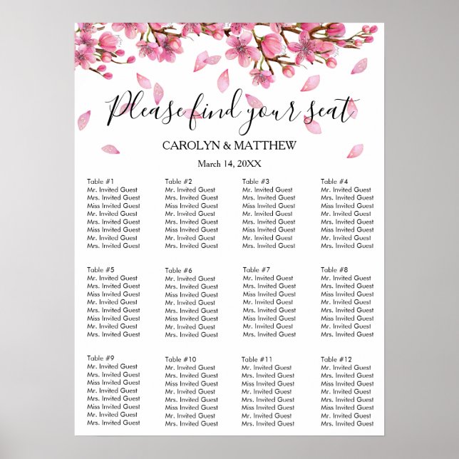 Pink Cherry Blossoms Seating Chart (Front)