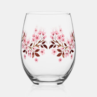 Pink Cherry Blossoms Stemless Wine Glass