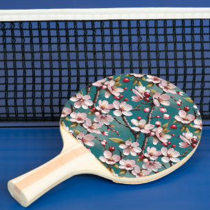 Pink Cherry Blossoms Teal Background Ping Pong Paddle