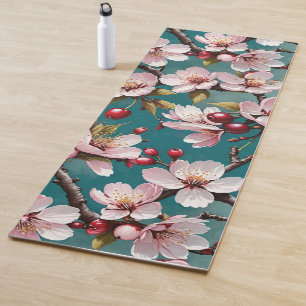 Pink Cherry Blossoms Teal Background Yoga Mat