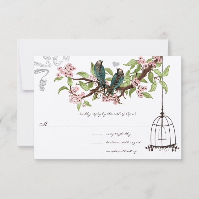 Pink Cherry Blossoms Teal Birds Birdcage RSVP (Front)