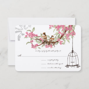 Pink Cherry Blossoms Teal Birds Birdcage RSVP Card