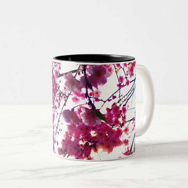 Pink Cherry blossoms Two-Tone Coffee Mug (Front Right)