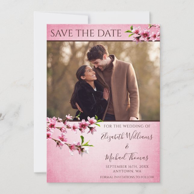Pink Cherry Blossoms Vintage Photo Save the Date (Front)