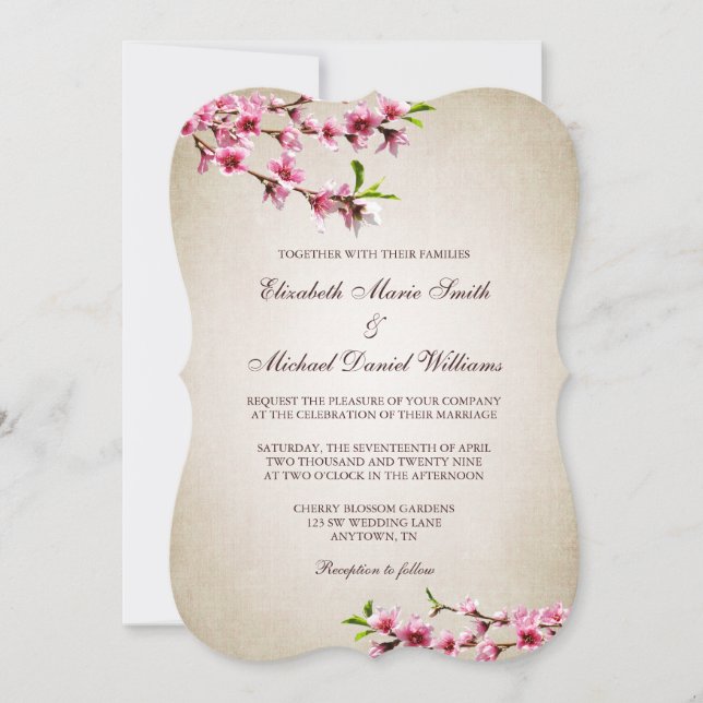 Pink Cherry Blossoms Vintage Tan Wedding Invitation (Front)