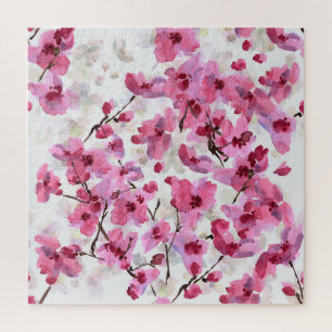 Pink Cherry Blossoms Watercolor Seamless. Jigsaw Puzzle