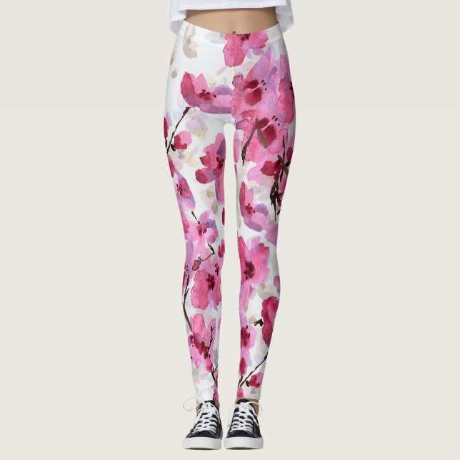 Pink Cherry Blossoms Watercolor Seamless. Leggings (Front)
