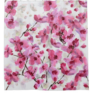 Pink Cherry Blossoms Watercolor Seamless. Shower Curtain