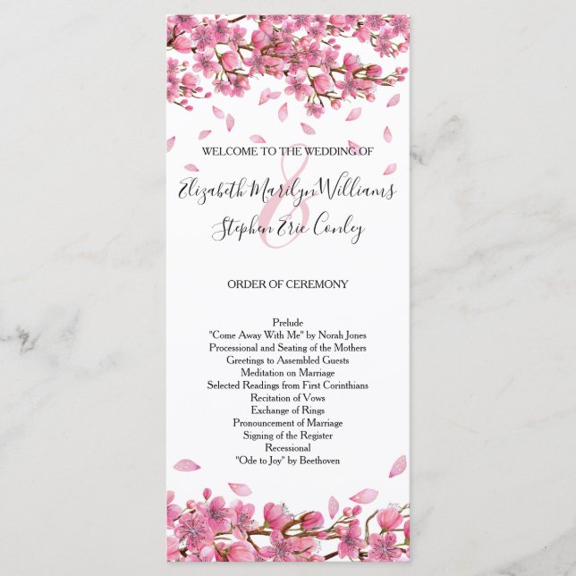 Pink Cherry Blossoms Wedding Program (Front)