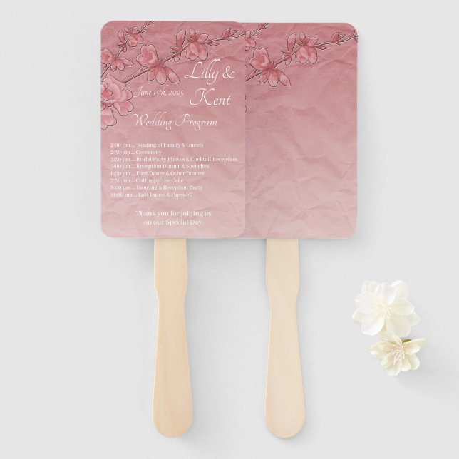 Pink Cherry Blossoms Wedding Program Fans (Front and Back)